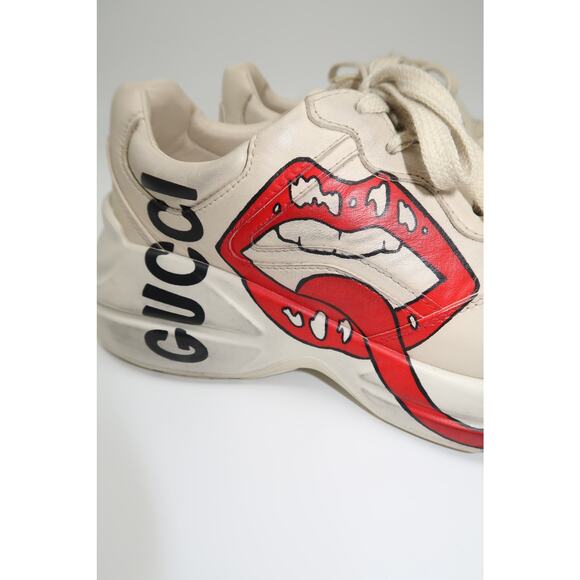 Gucci Leather Rhyton Mouth Print Lace-Up Low Top Sneakers Ivory Size 5.5 - Picture 4 of 16